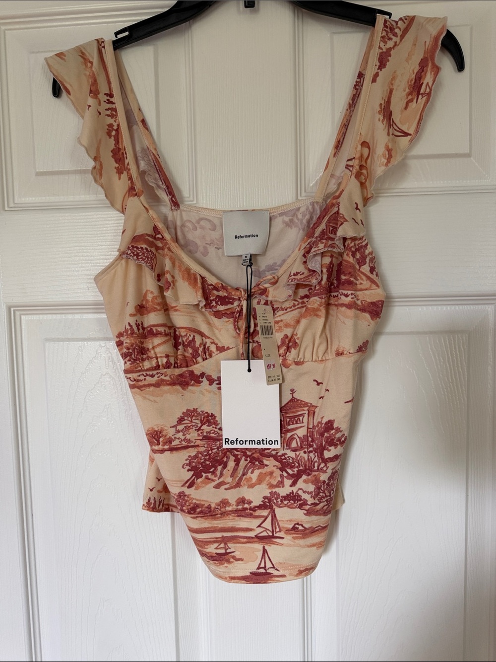 Reformation Cream & Rust Toile Ruffle Strap top